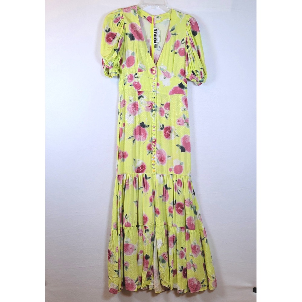 ROTATE Birger Christensen Women Thora Floral Puff Sleeve Maxi Dress Size 4 Green